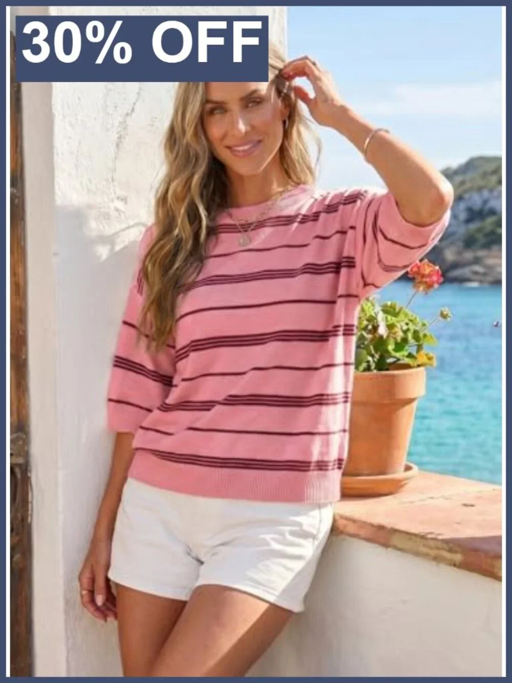 Womens Oversized Striped 3/4 Sleeve Knit Pullover Sweater Lightweight Crewneck